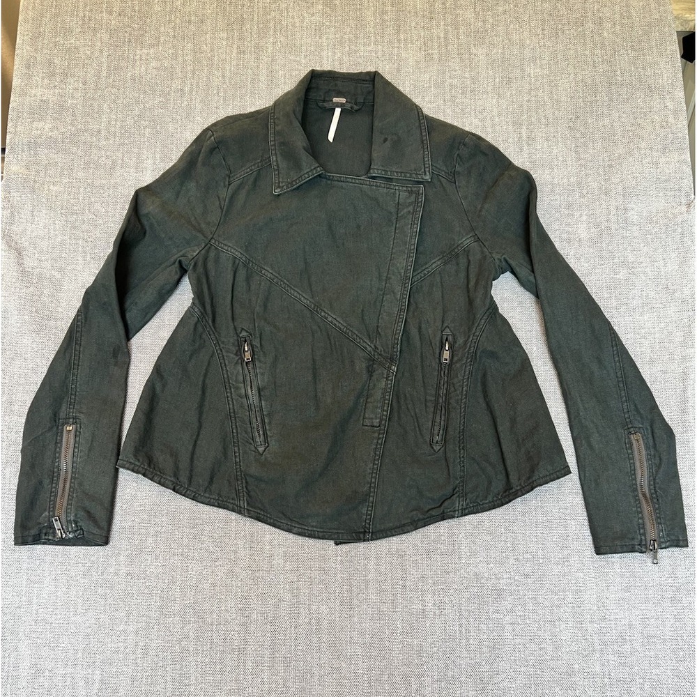 Free People Moto Jacket XS Faded Black Linen Cotton Asymmetrical Zip Jacket